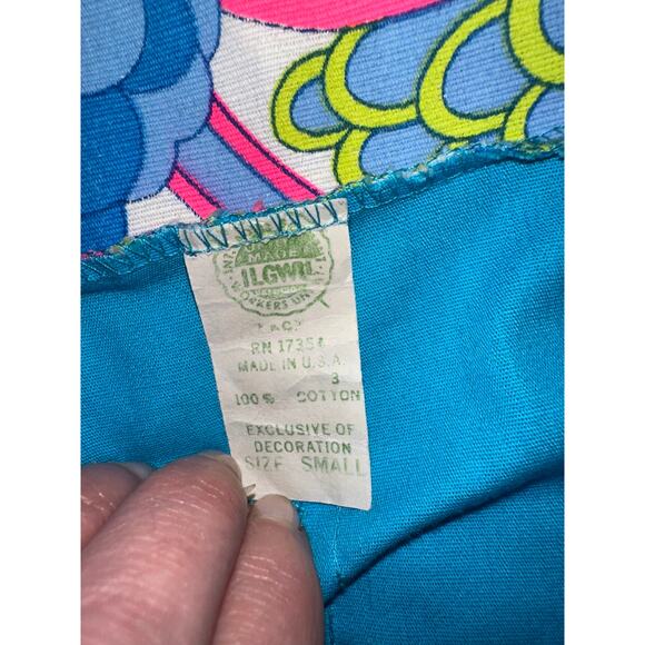 VINTAGE 60's TURQUOISE PSYCHEDELIC PRINT MOD COTTON ROMPER PLAYSUIT BEACHWEAR S - Picture 4 of 10